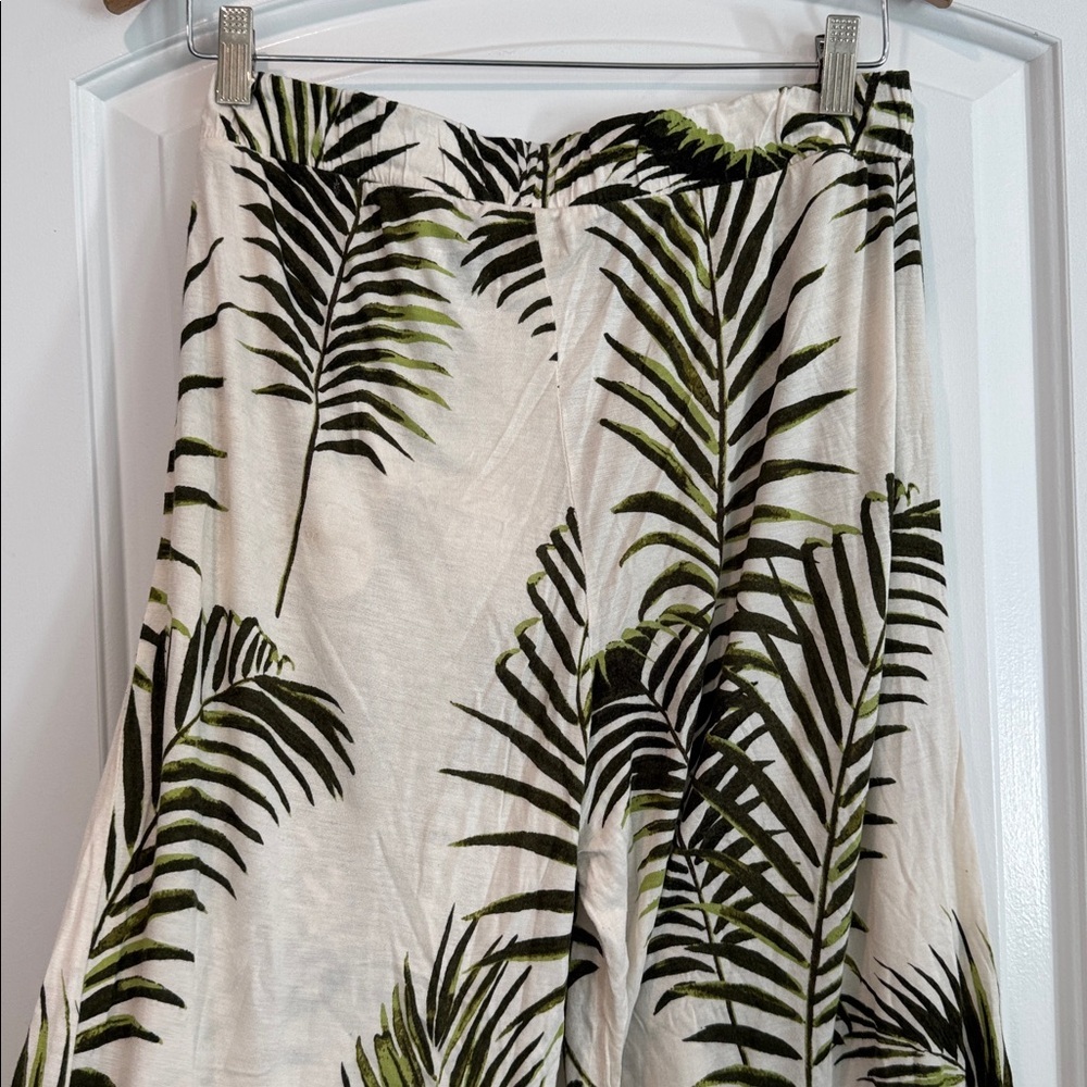 🟠 H&M Off White & Green Palm Print Wide Leg Jersey Trousers Size Medium - Picture 10 of 11